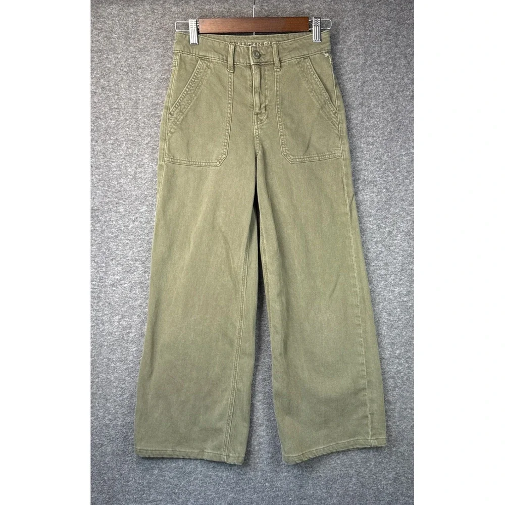 American Eagle Super High-Rise Baggy Wide Leg Pants Olive Green Size 000 XXS EUC
